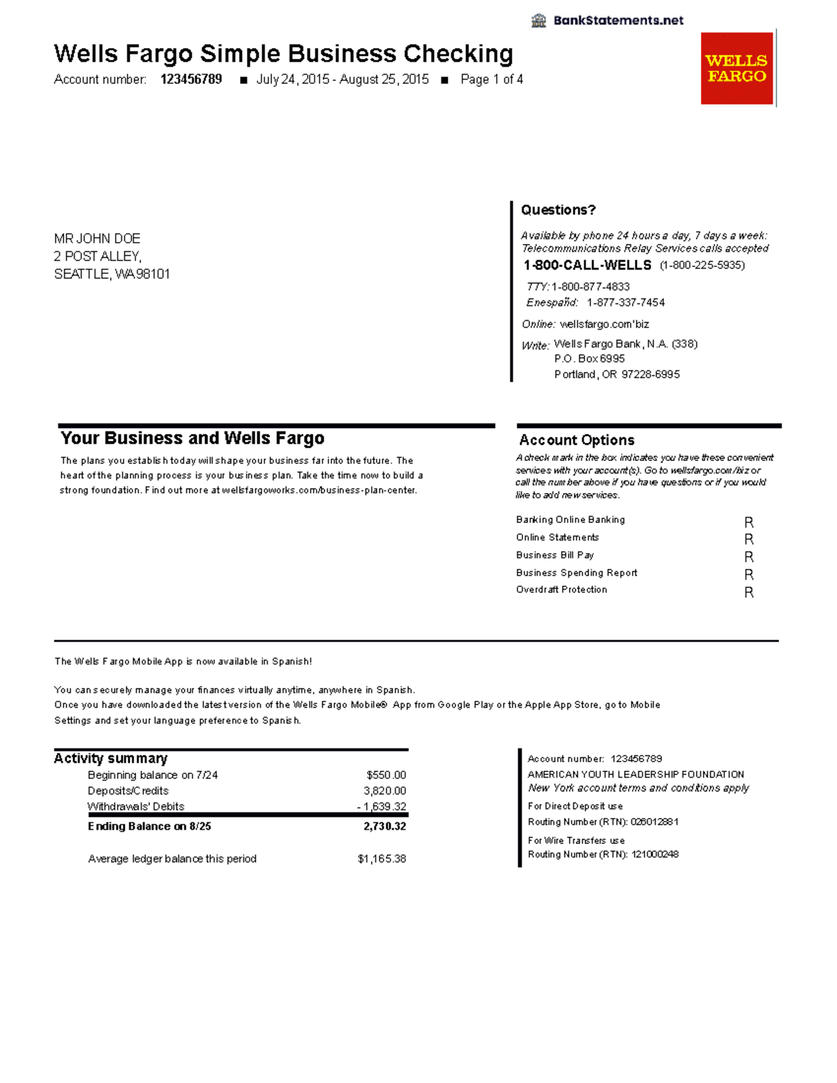 Wells Fargo Bank Statement Bank Wells Fargo Simple Business Checking Account