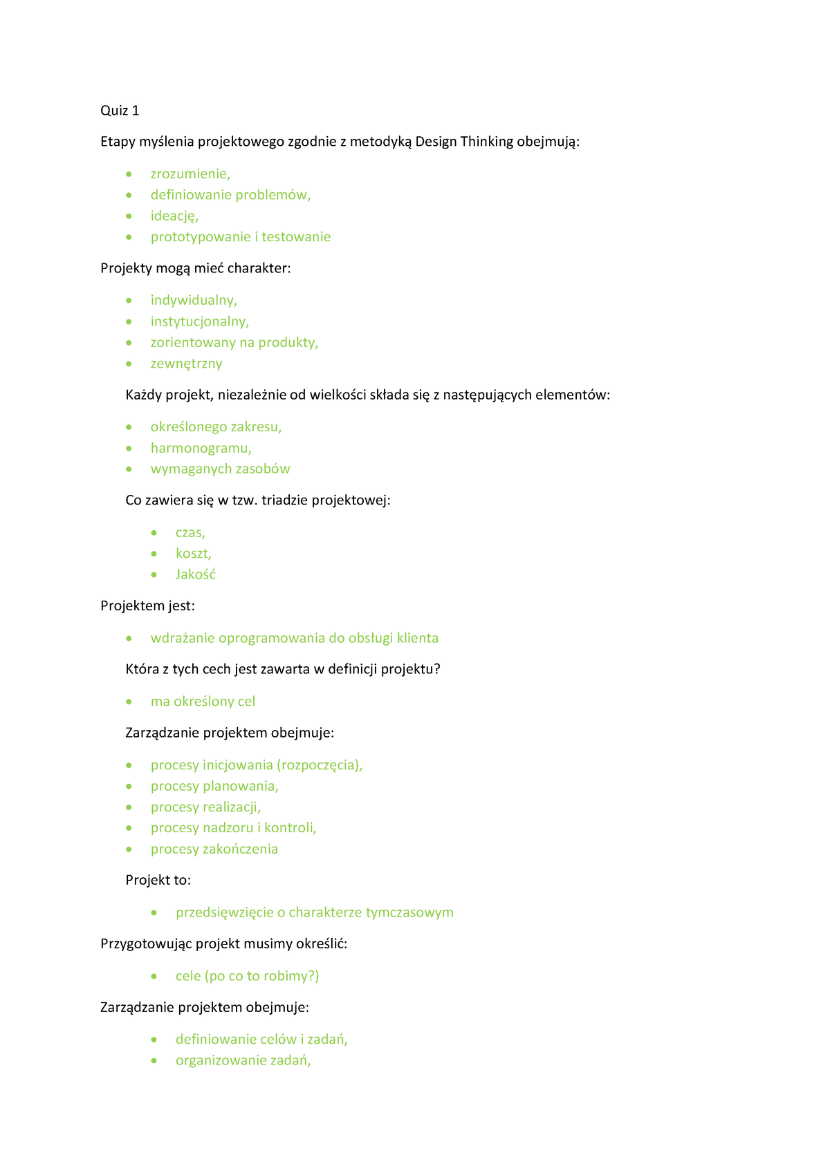 Metodyka Pracy Projektowej 3 Sem - Quiz 1 Etapy Myślenia Projektowego ...