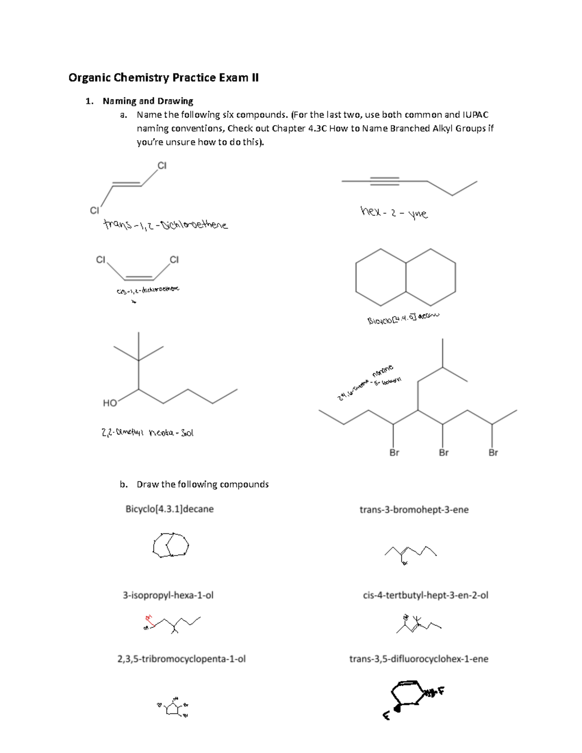 Organic Chemistry Practice Exam 2 Naming And Drawing A Name The 