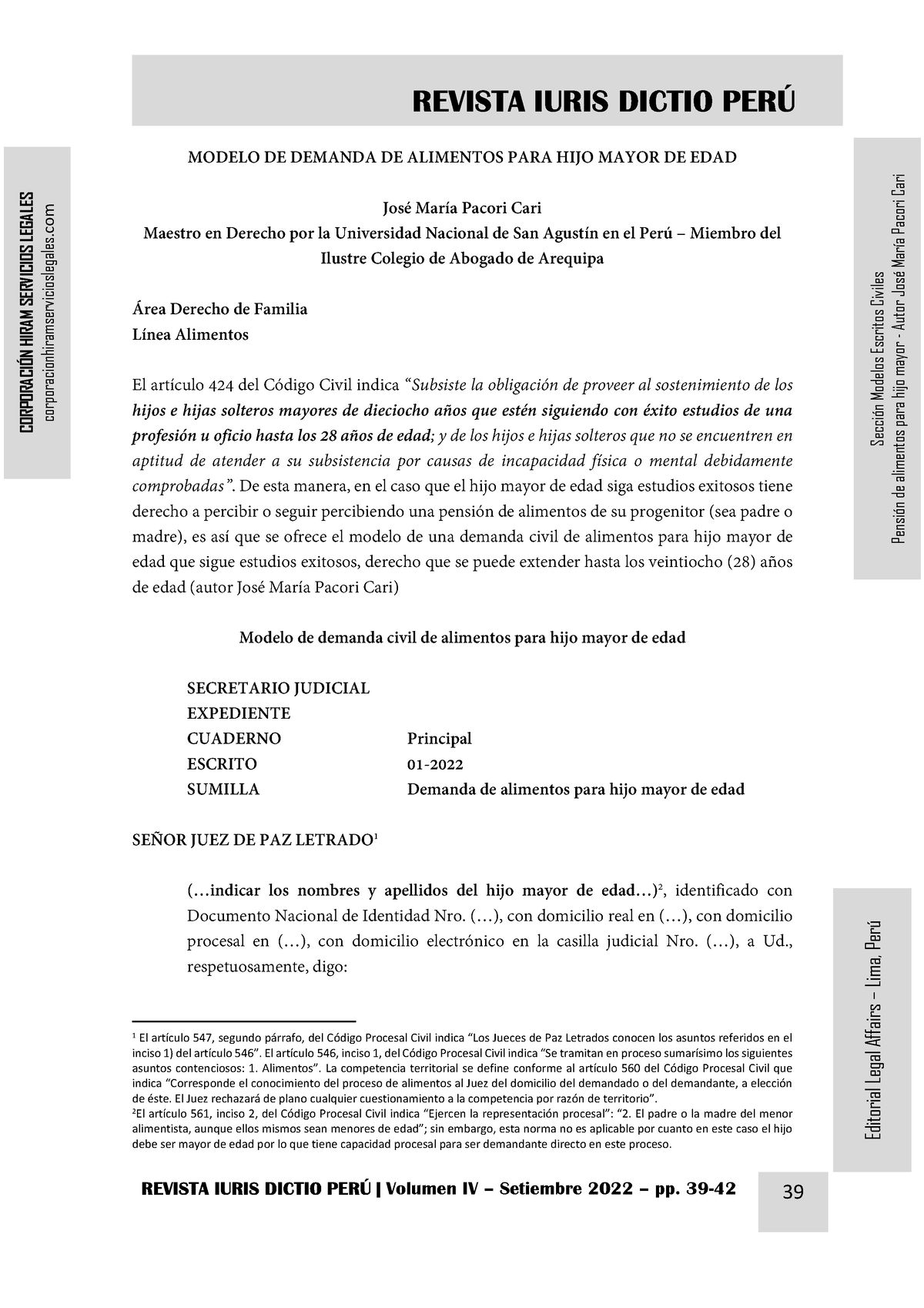 Modelo Demanda Alimentos PARA HIJO Mayor DE EDAD - Autor JOSÉ María Pacori  CARI - Sección Modelos - Studocu