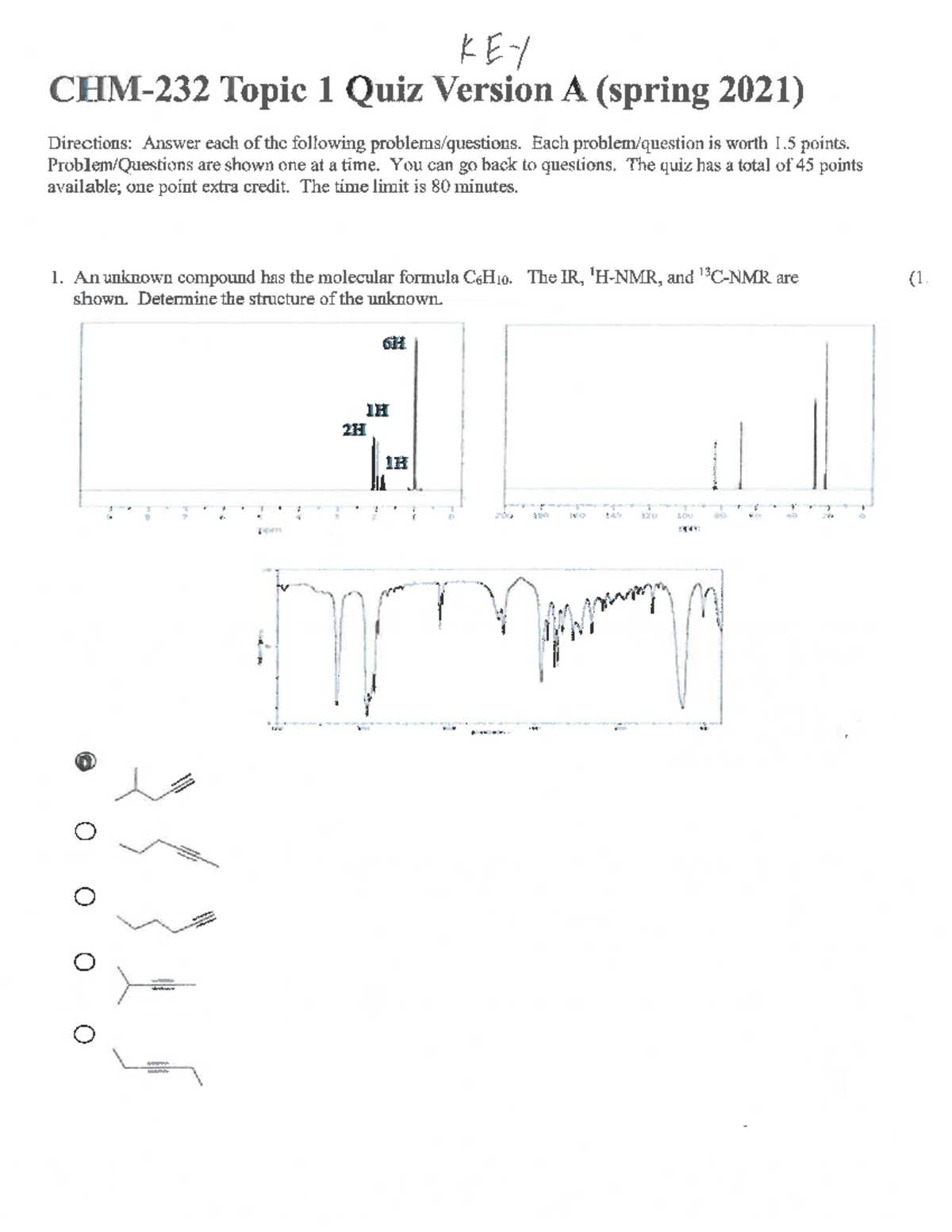 CHM-232 Old Topic 1 Quiz Fall 2021 KEY - KEY Topic 1 Quiz Version A ...