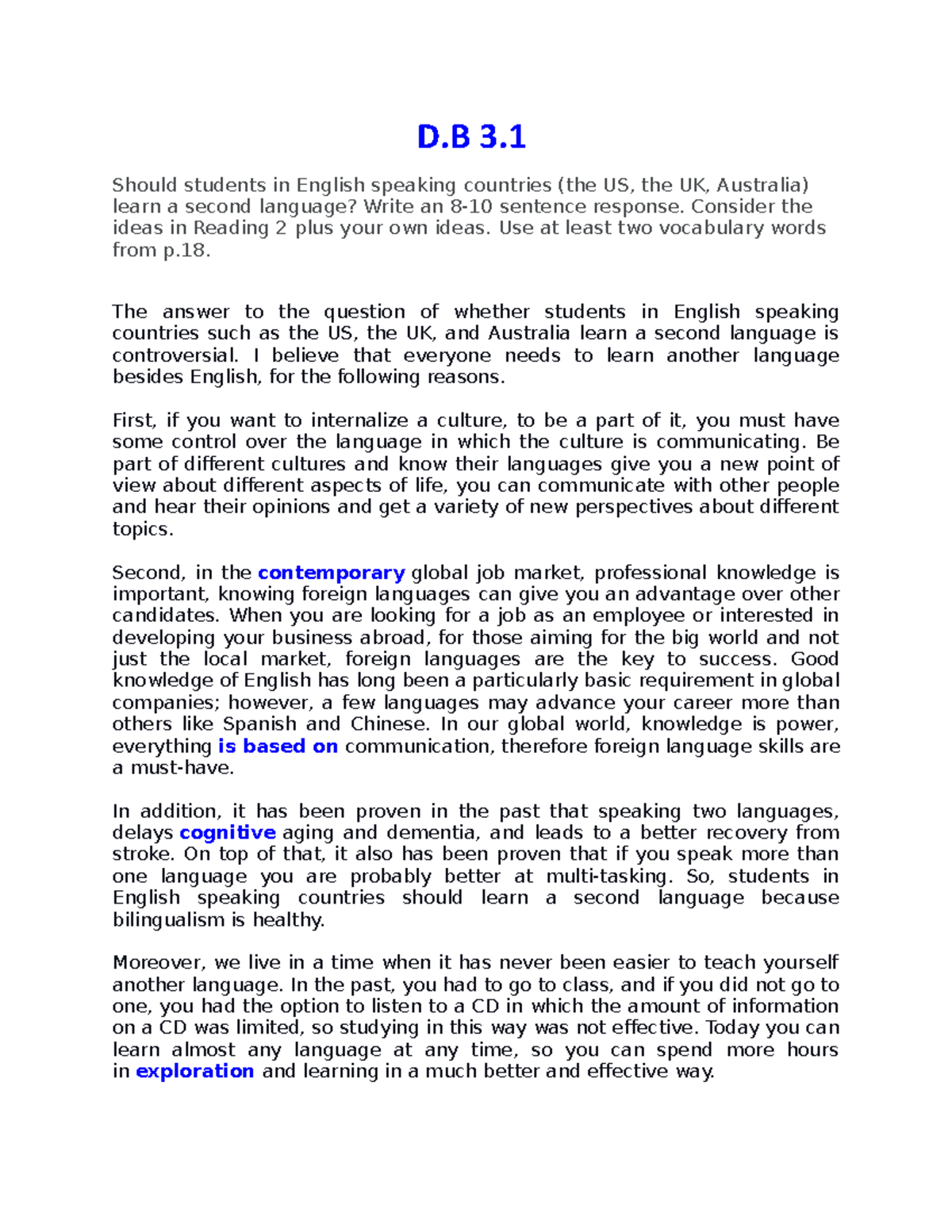 D B 3 1 Should Students In English Speaking Countries Learn A Second Language D 3 Should Students Studocu