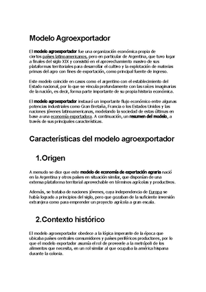 Modelo Agroexportador - Este modelo coincide en casos como el argentino con  el establecimiento del - Studocu