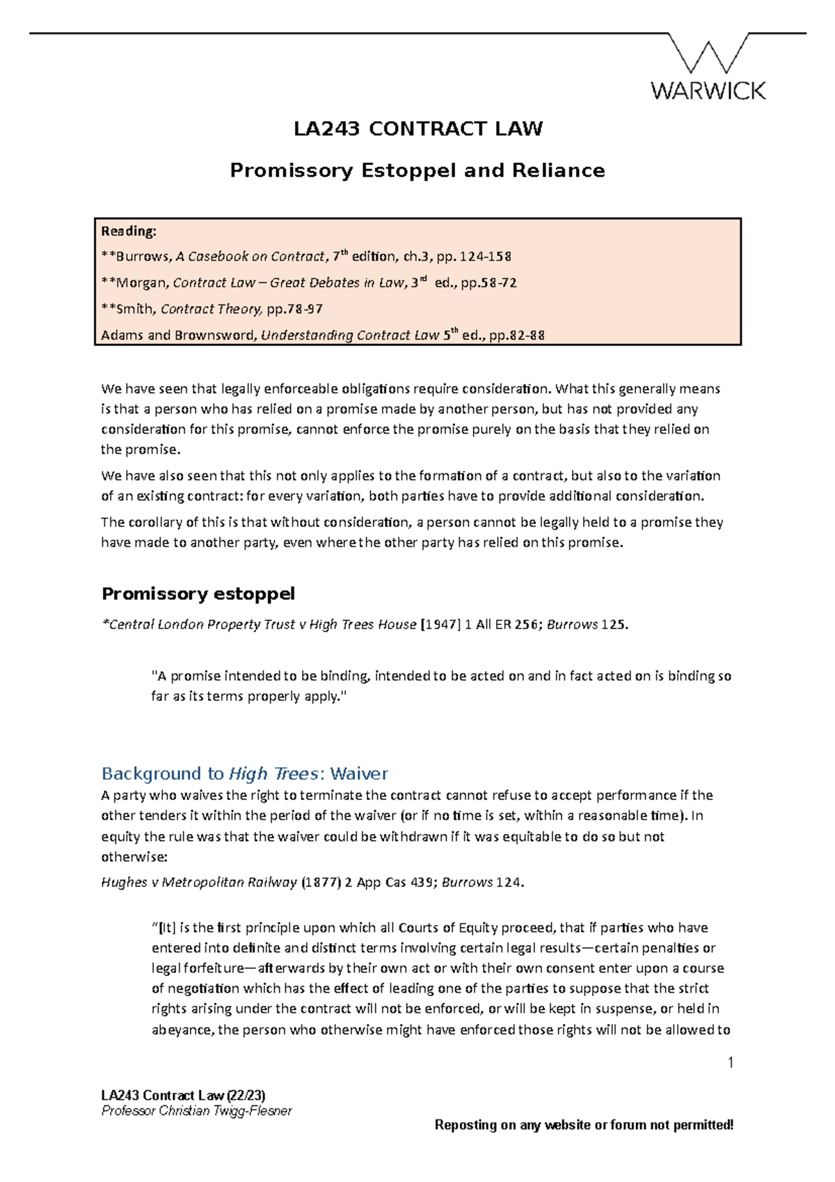 Handout EstoppelReliance 2023 LA243 CONTRACT LAW Promissory Estoppel
