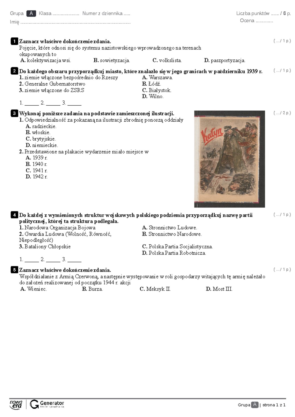 Kartkówka, rozdział II, temat 1, 2, 3 Test (z widoczną punktacją