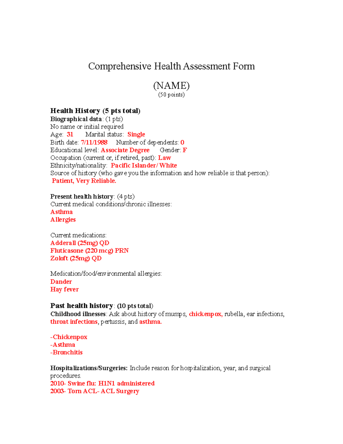 assignment of health history