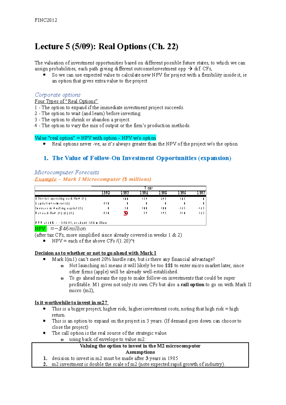 FINC2012 , Lecture 5, 5-09 - Lecture 5 (5/09): Real Options (Ch. 22 ...