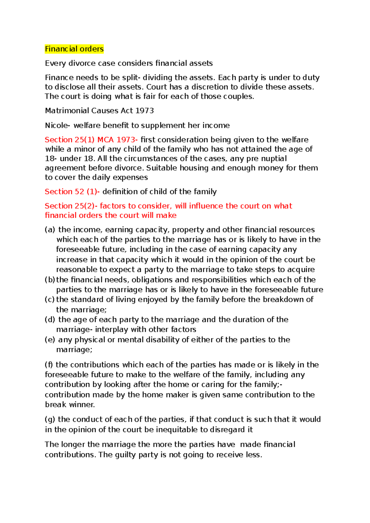 Financial order notes - Financial orders Every divorce case considers ...