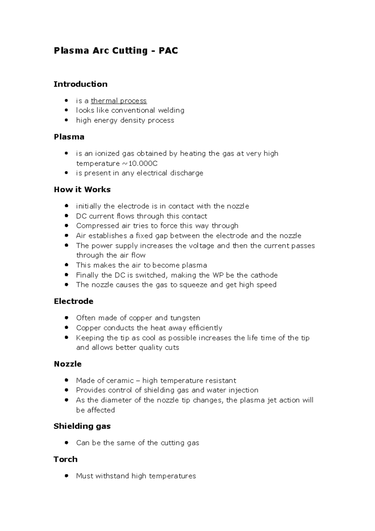 Lecture notes PAC Plasma Arc Cutting Sustainable Manufacturing