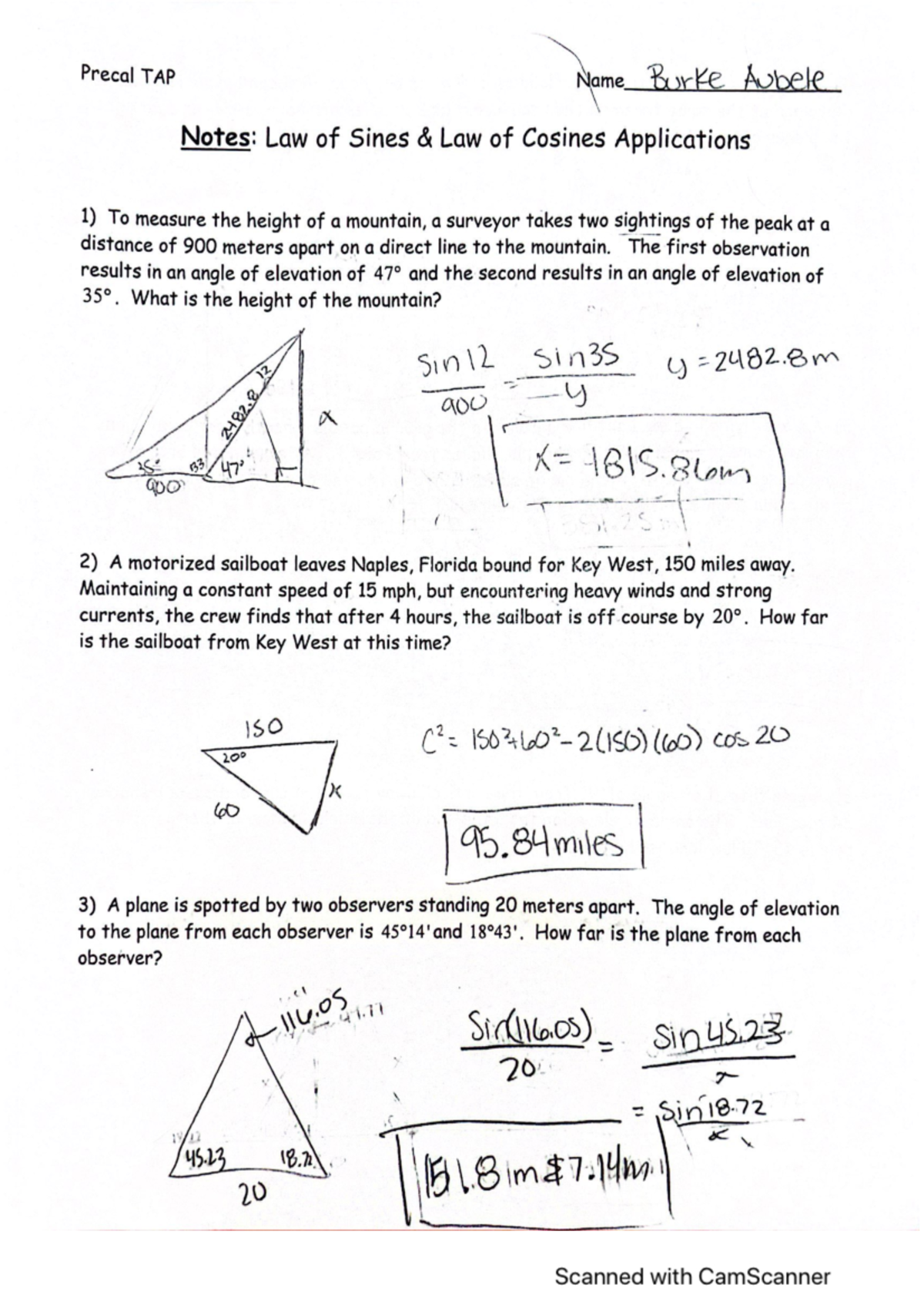 Law of Sine and Cosine - Math 1316 - Studocu