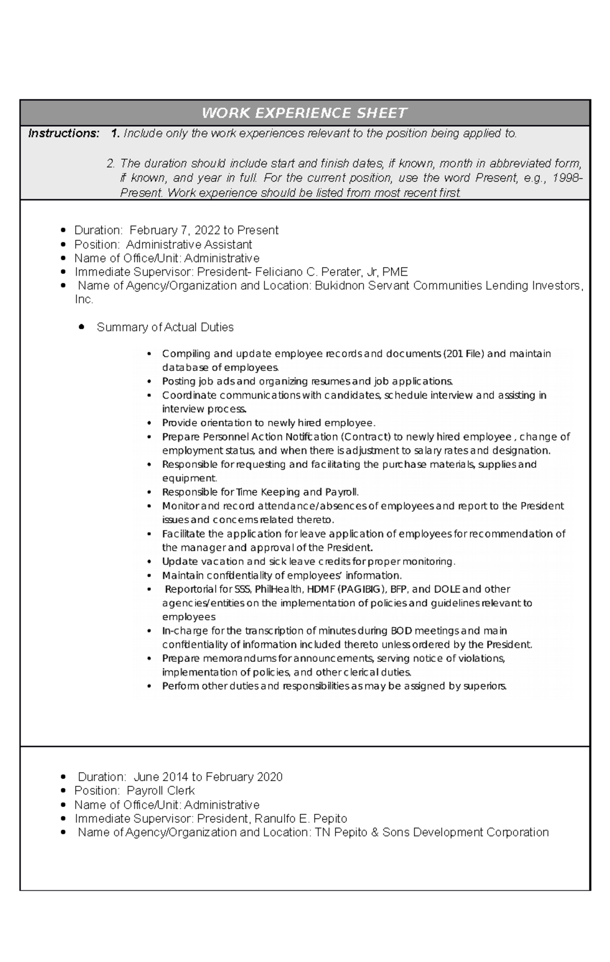 CS Form No 212 Work Experience Sheet - WORK EXPERIENCE SHEET ...