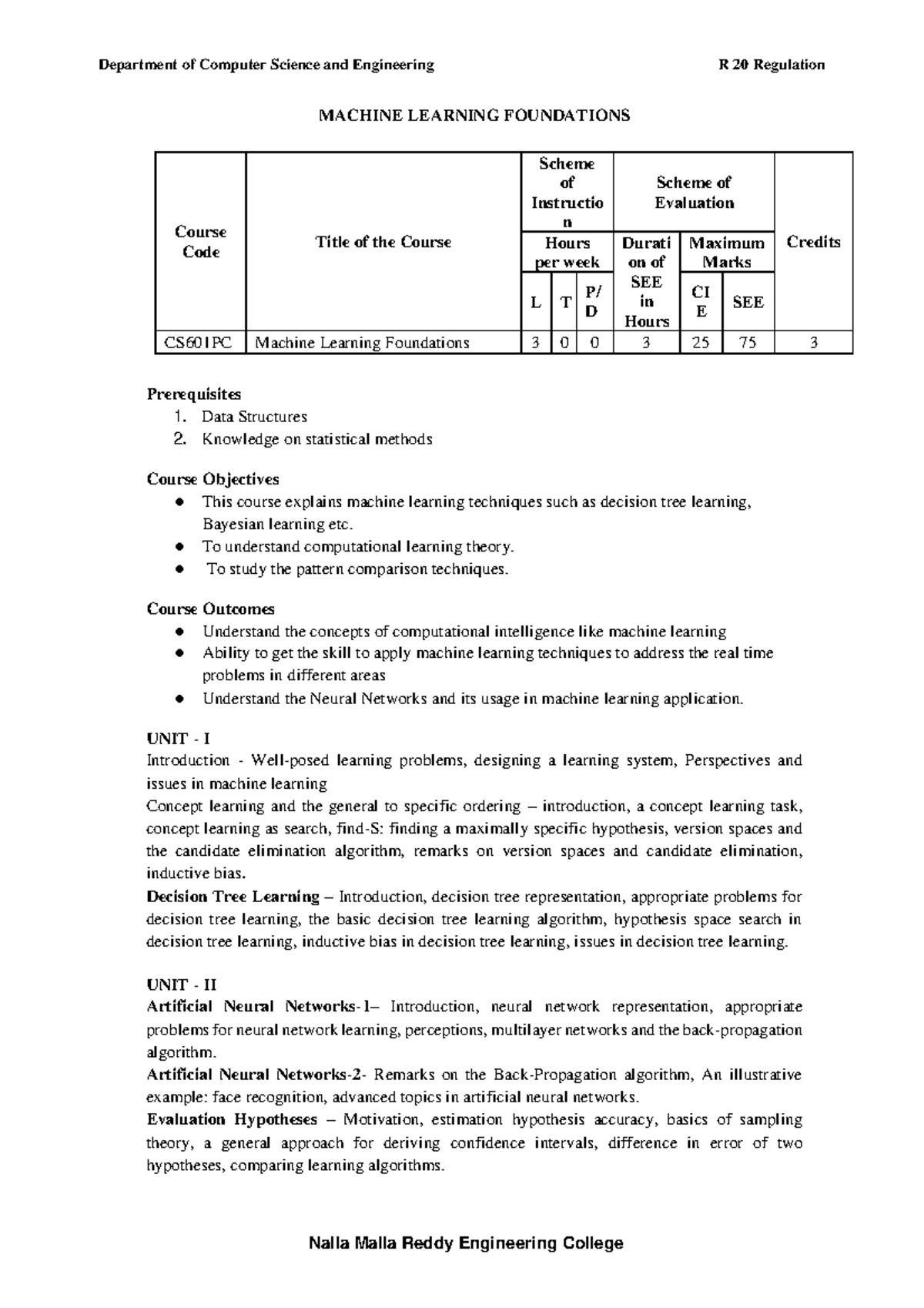Machine learning foundations syllabus - Department of Computer Science ...