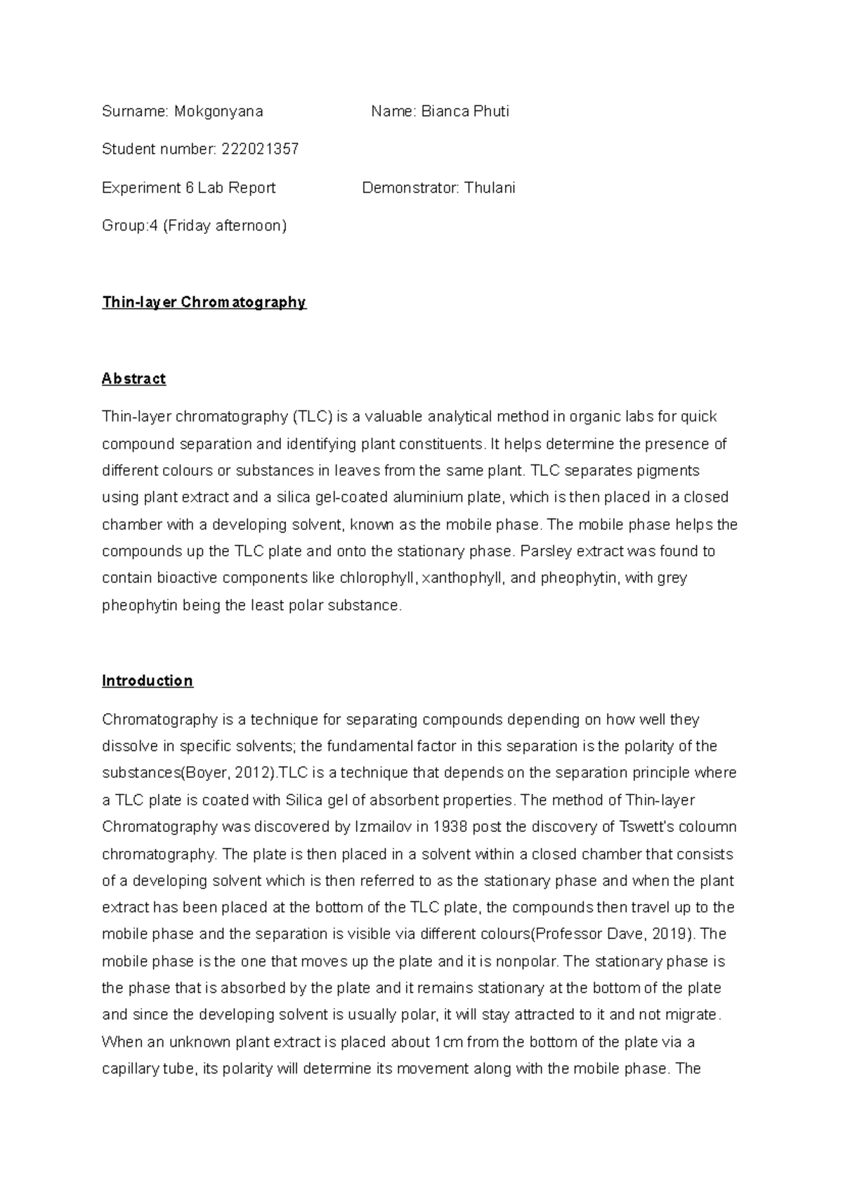 TLC Chromatography lab report - Surname: Mokgonyana Name: Bianca Phuti ...