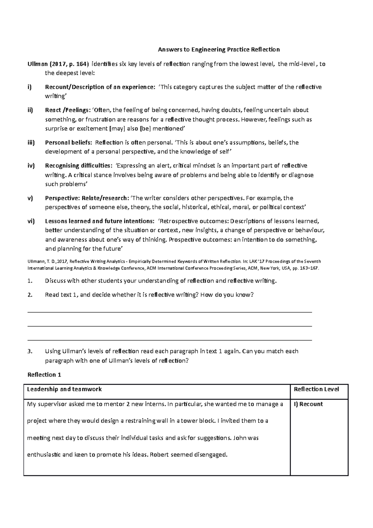 Reflection Examplar - Answers to Engineering Practice Reflection Ullman ...