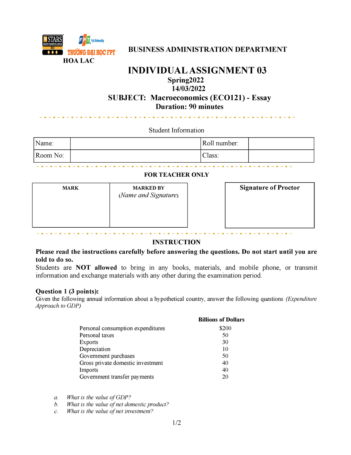 ECO121 Individual Assignment Test 03 - HOA LAC BUSINESS ADMINISTRATION ...