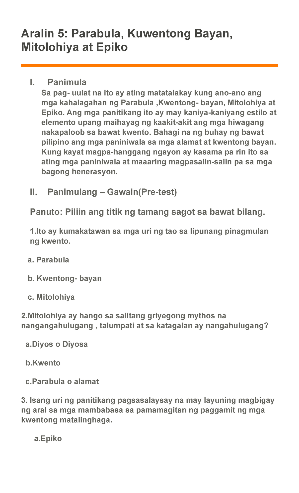 Yunit 5 Parabula Kwentong Bayan Mitolohiya Epiko Aralin 5 Parabula Kuwentong Bayan 3092