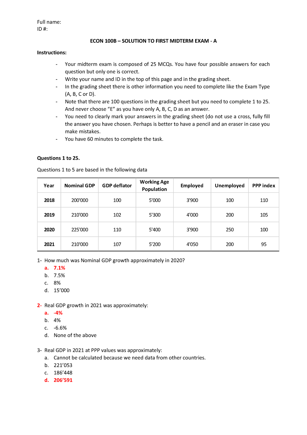 ECON 100B - Solution First Midterm Exam A - ID #: ECON 100B – SOLUTION ...