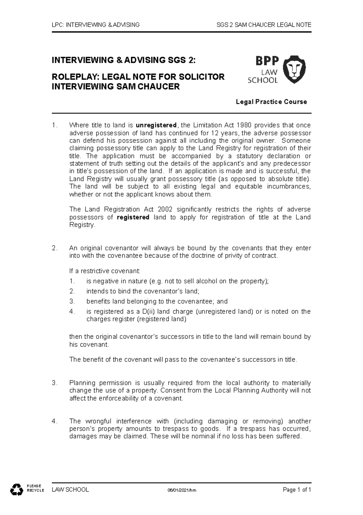 Interviewing SGS 2 Sam Chaucer Legal note - LPC: INTERVIEWING ...