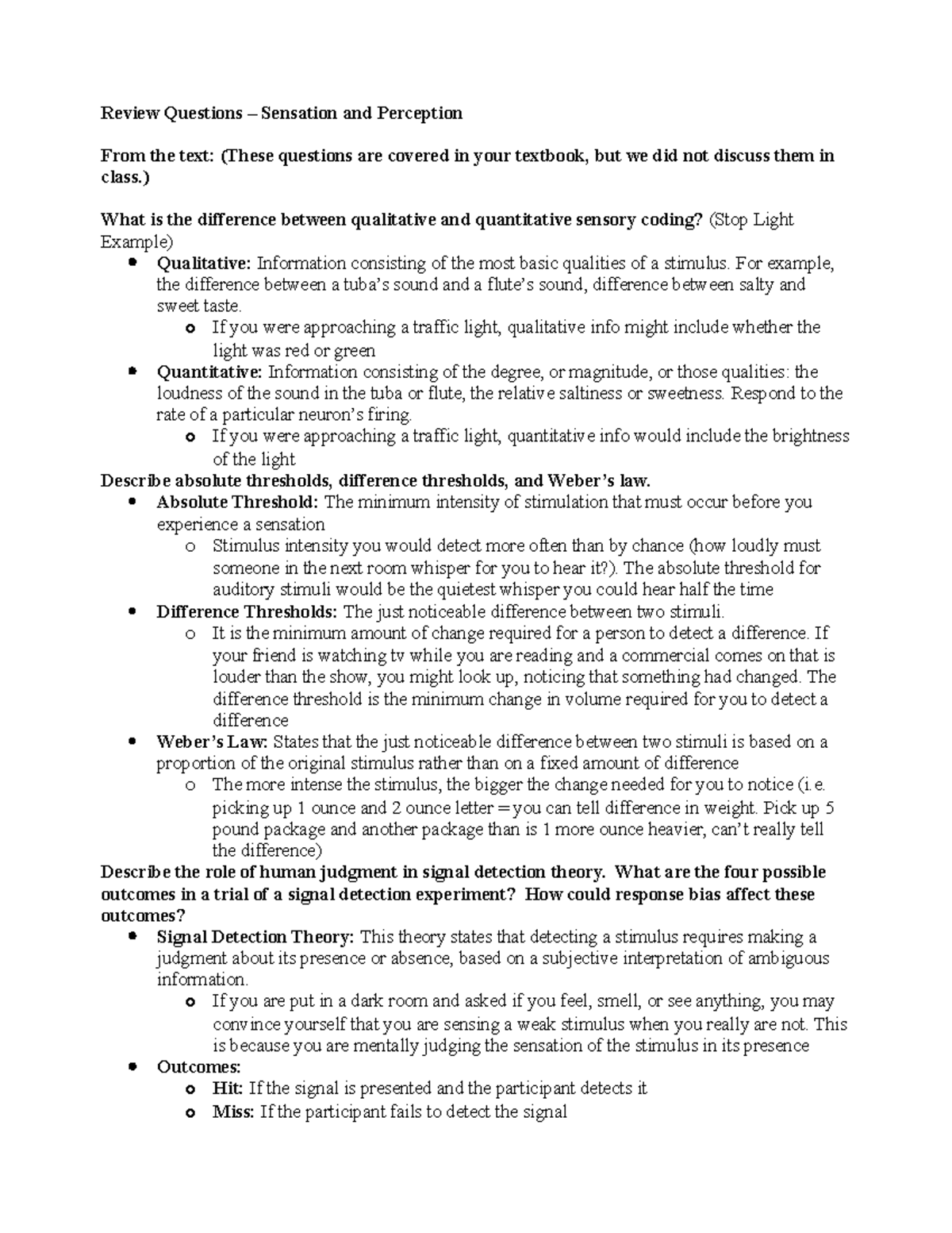 Exam 2 Review - Review Questions – Sensation and Perception From the ...