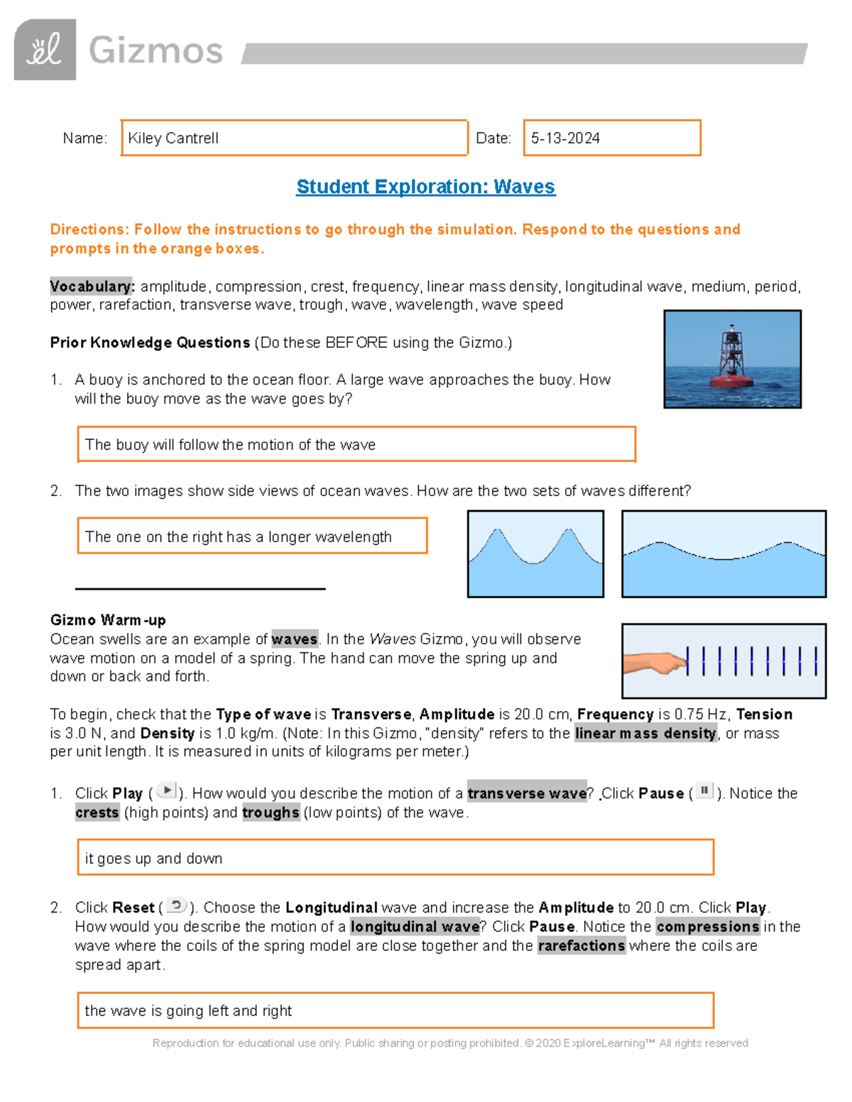 Waves Gizmo Assignment - Name: Kiley Cantrell Date: 5-13- Student ...