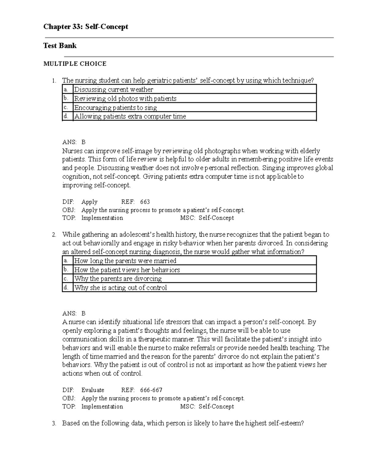 33 - Practice test. - Chapter 33: Self-Concept Test Bank MULTIPLE ...