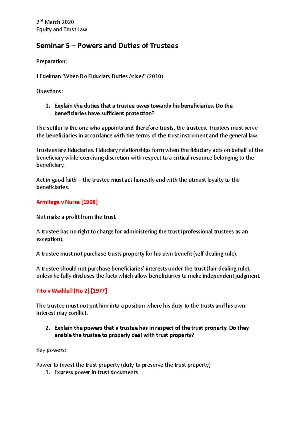 S5 - Trustees - Lecture notes 5 - Equity and Trust Law Seminar 5 ...
