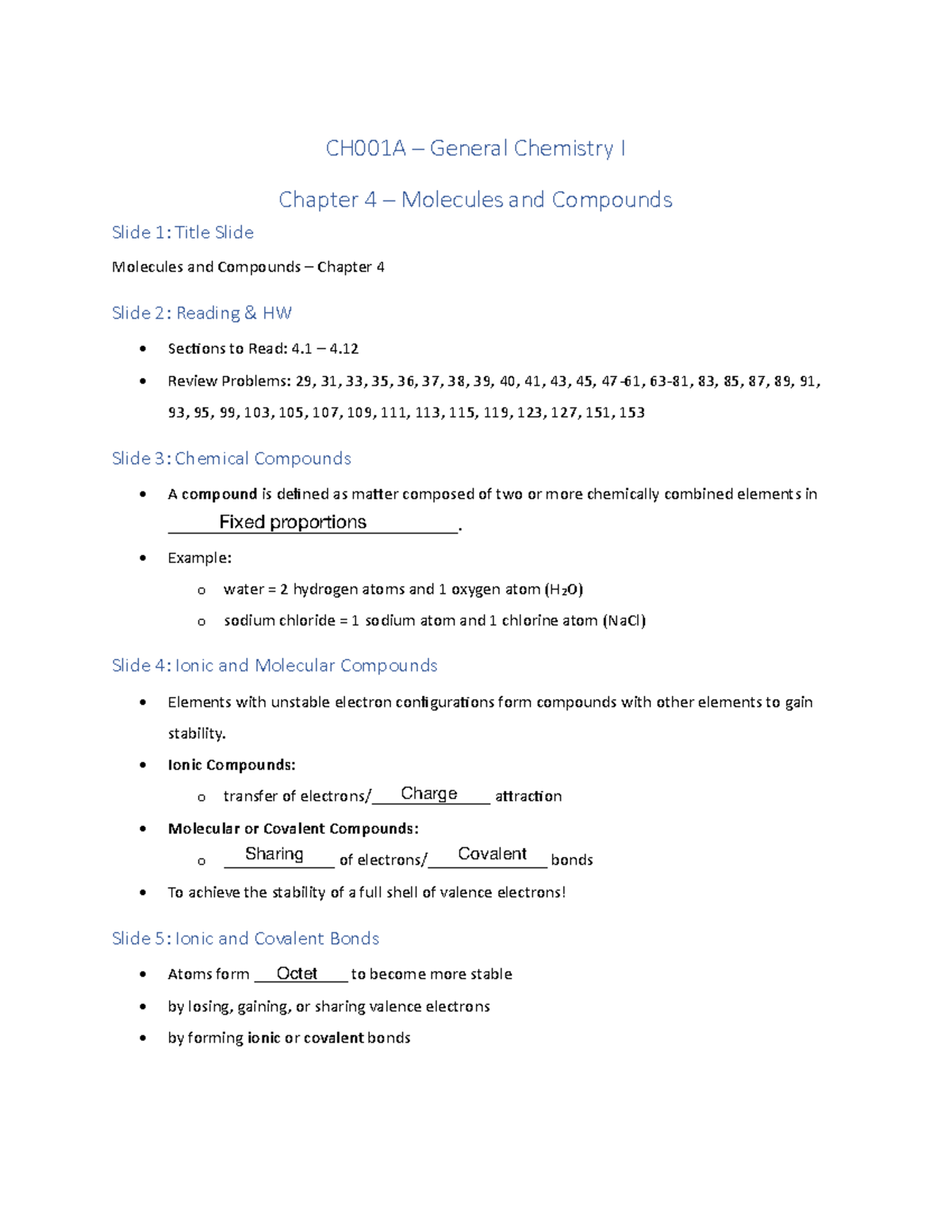 Ch+4+Notes+-+Molecules+and+Compounds - CH001A – General Chemistry I ...