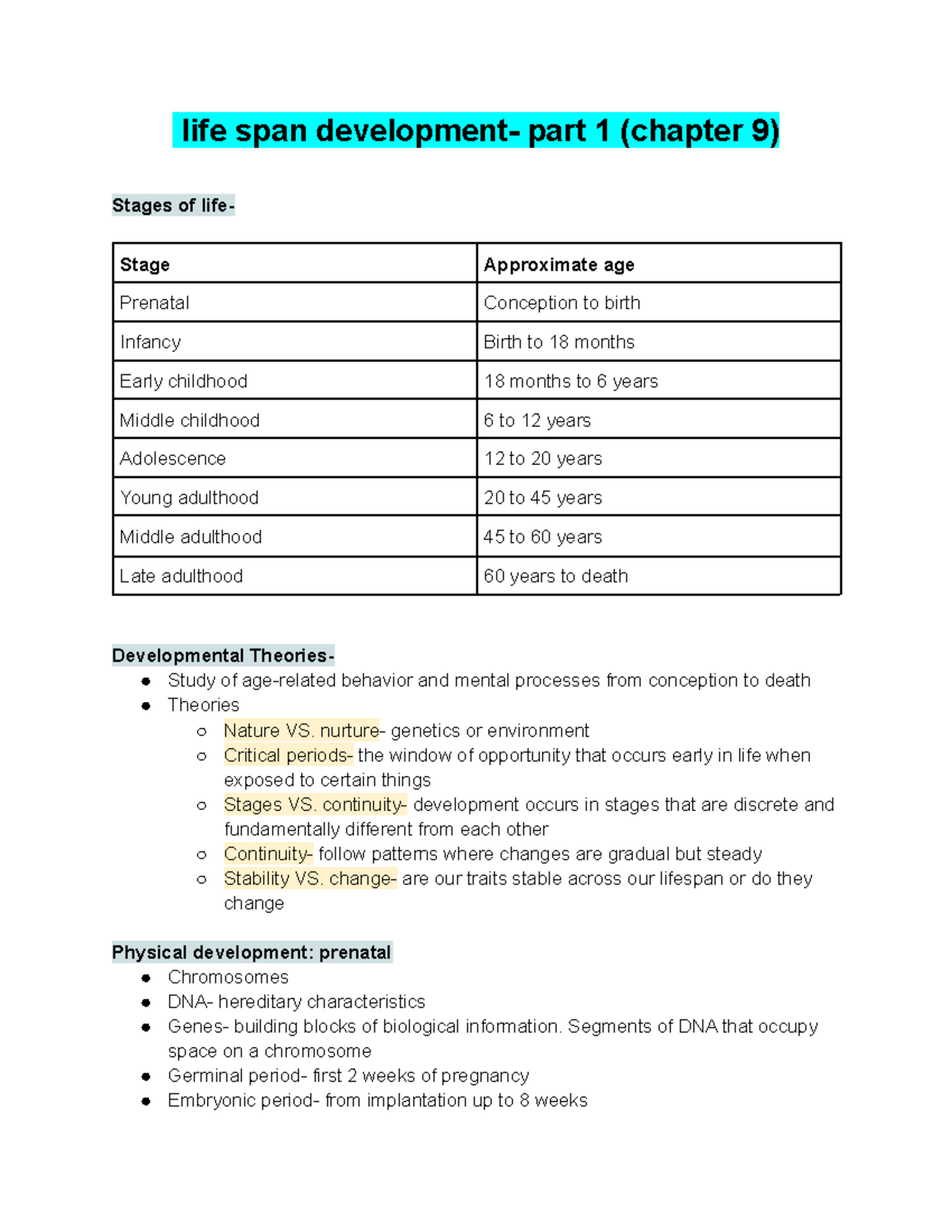 Psychology TEST 3 Notes - Life Span Development- Part 1 (chapter 9 ...