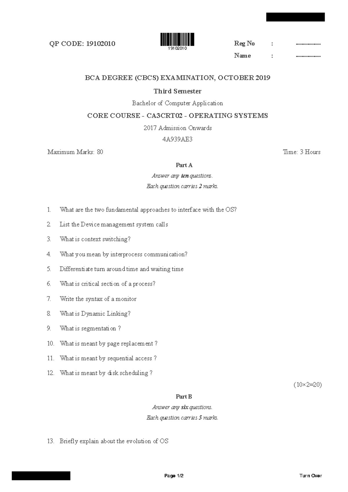 Bca 3 sem operating systems 19102010 oct 2019 - QP CODE: 19102010 Reg ...