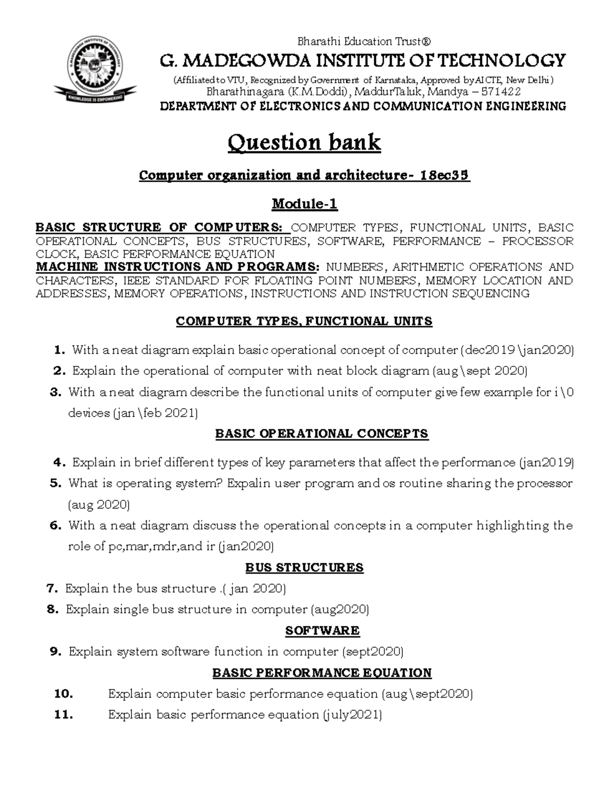 Co Question Bank Topic Wise G Madegowda Institute Of Technology