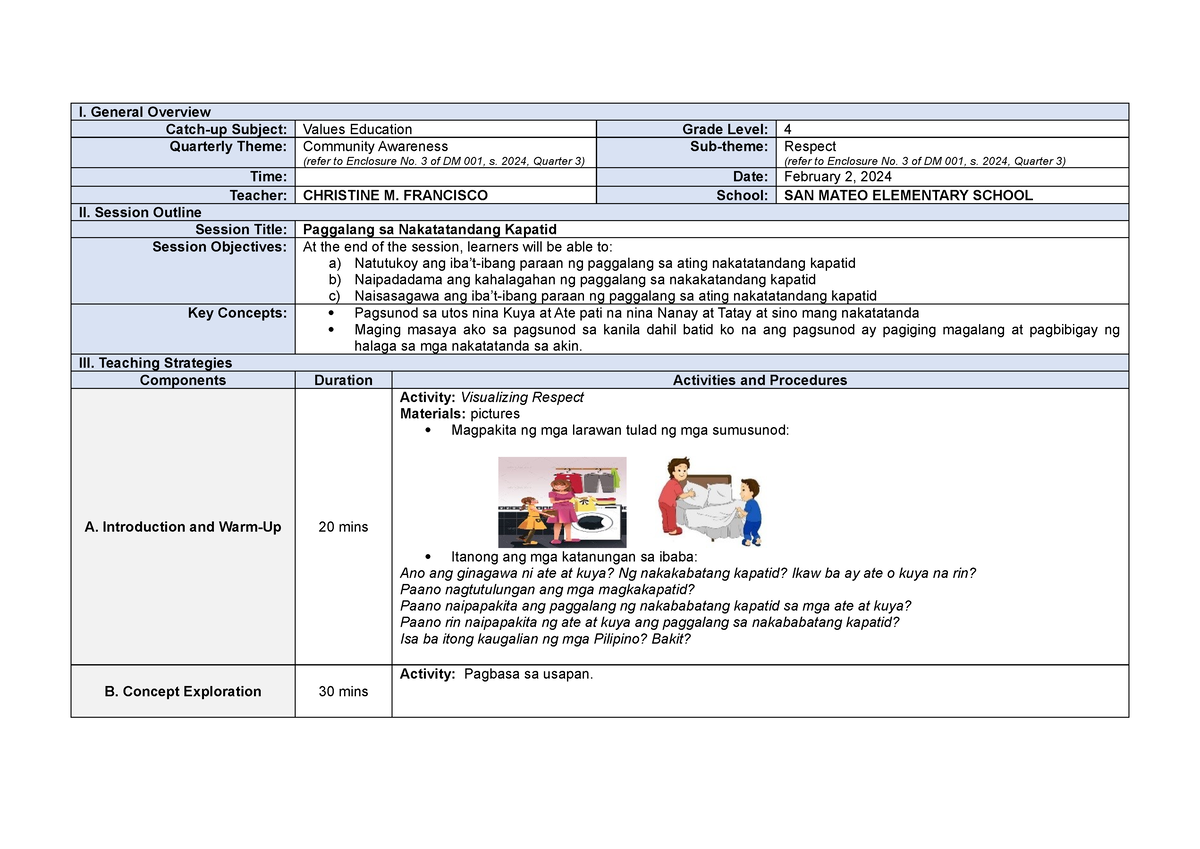 Grade 4 ValuesED CatchUP Friday tin I. General Overview Catchup