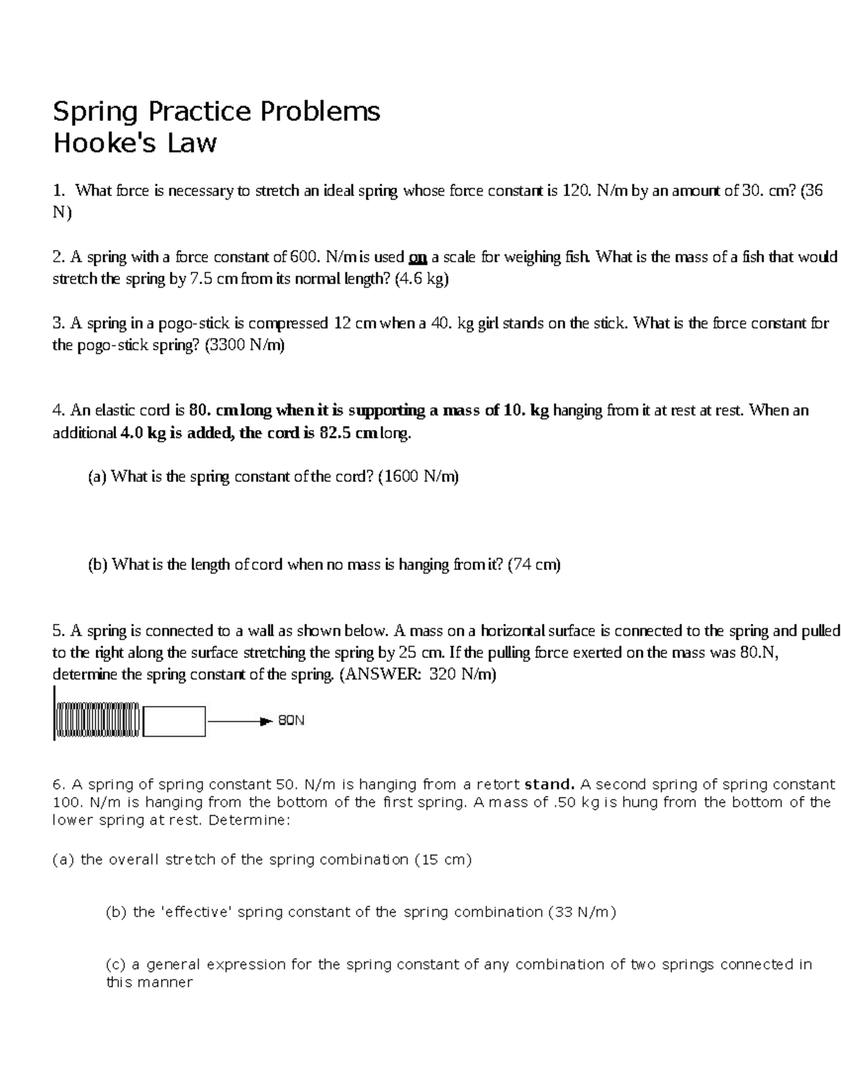 Hookes Law Practice Problems Spring Practice Problems Hooke's Law 1