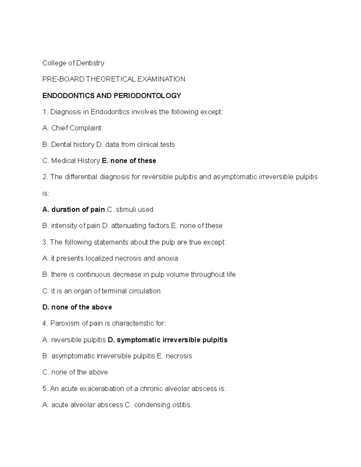 ENDO Perio College of Dentistry PREBOARD THEORETICAL EXAMINATION
