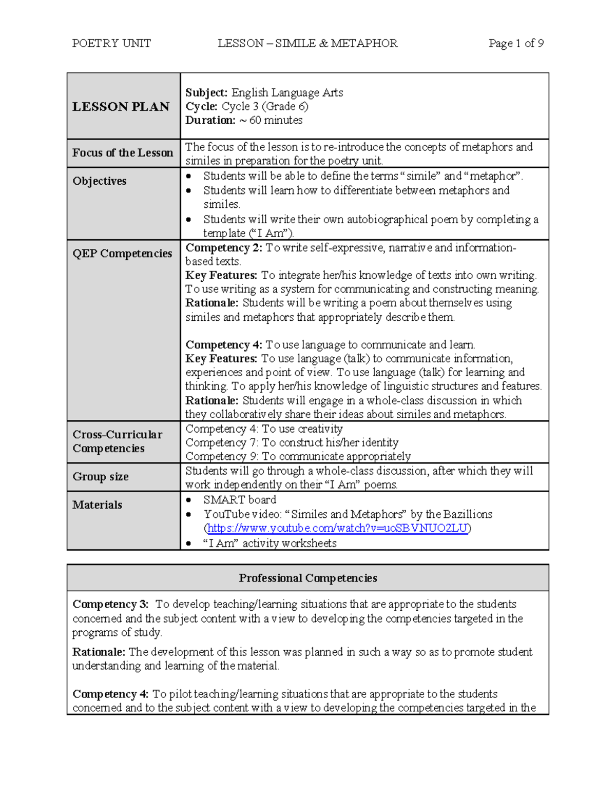 Ela metaphor simile lesson plan pdf - LESSON PLAN Subject: English ...