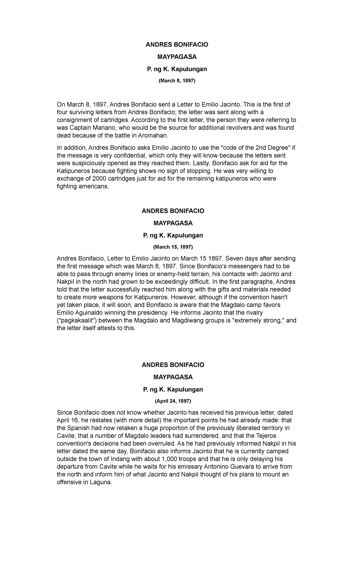 Andres Bonifacio'S Letters Cabrera FD 1 Sedsa - ANDRES BONIFACIO ...