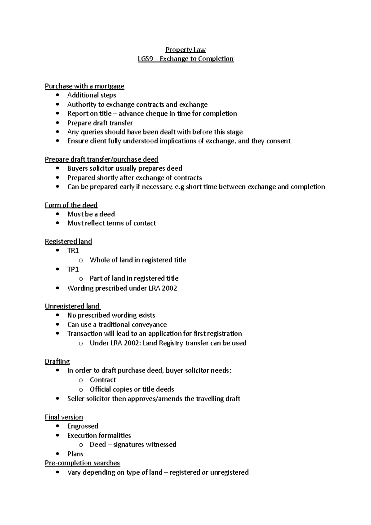 Exchange to Completion Property Law LGS9 Exchange to Completion