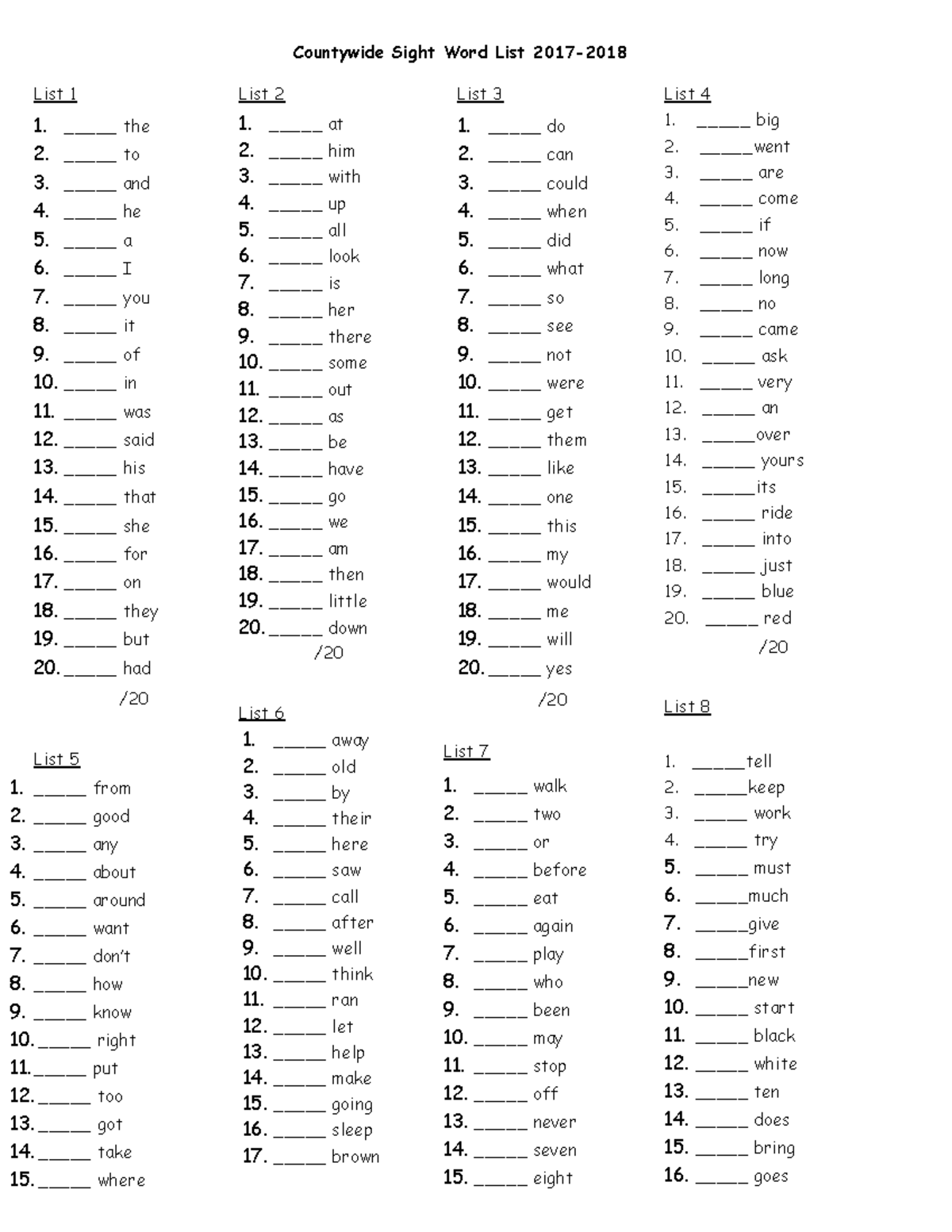 Countywide Sight word list 2017-2018 - Countywide Sight Word List 2017 ...