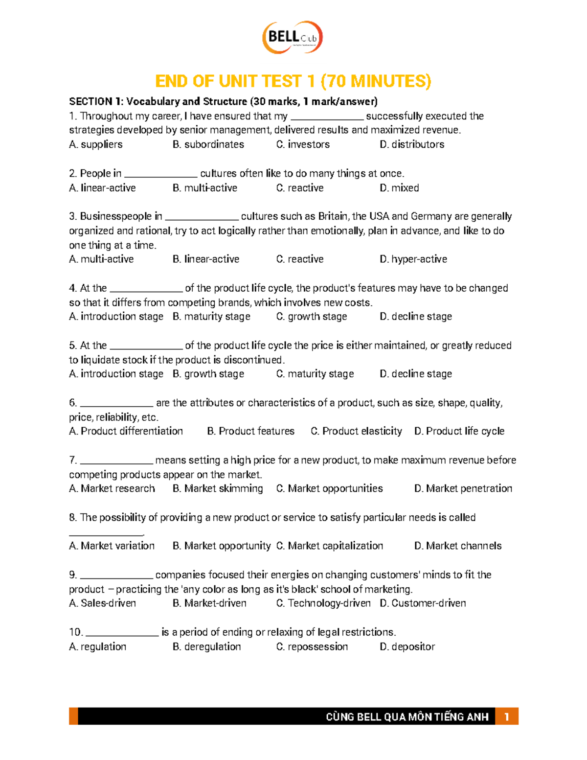 END OF UNIT TEST 1 (HP4 K44) - END OF UNIT TEST 1 (70 MINUTES) SECTION ...