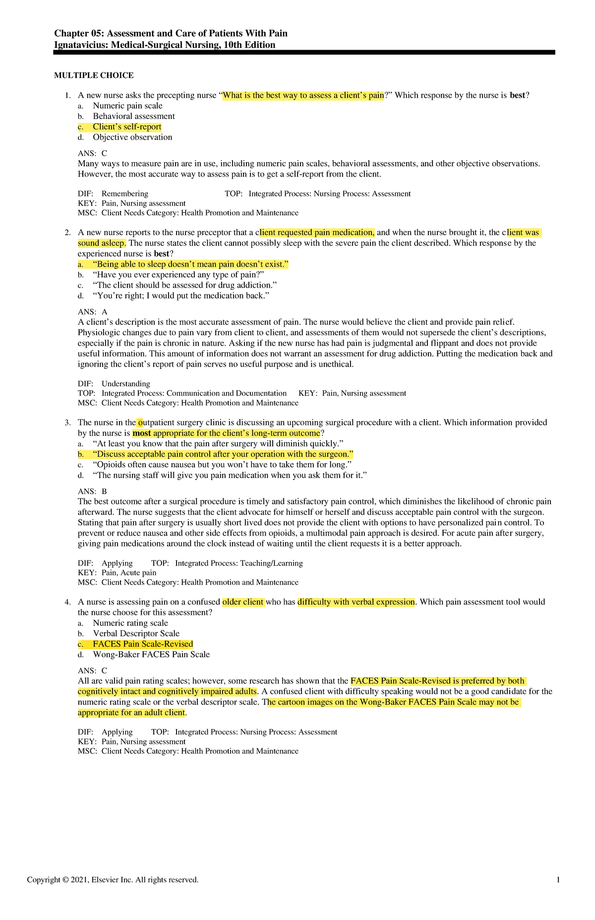 Exam View - Chapter 05 - None - Chapter 05: Assessment And Care Of ...