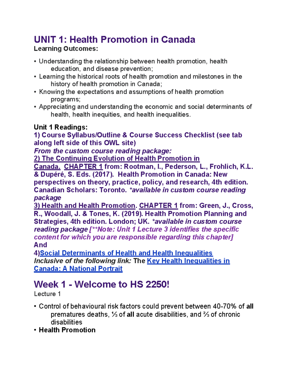 2250 exam - notes - UNIT 1: Health Promotion in Canada Learning ...
