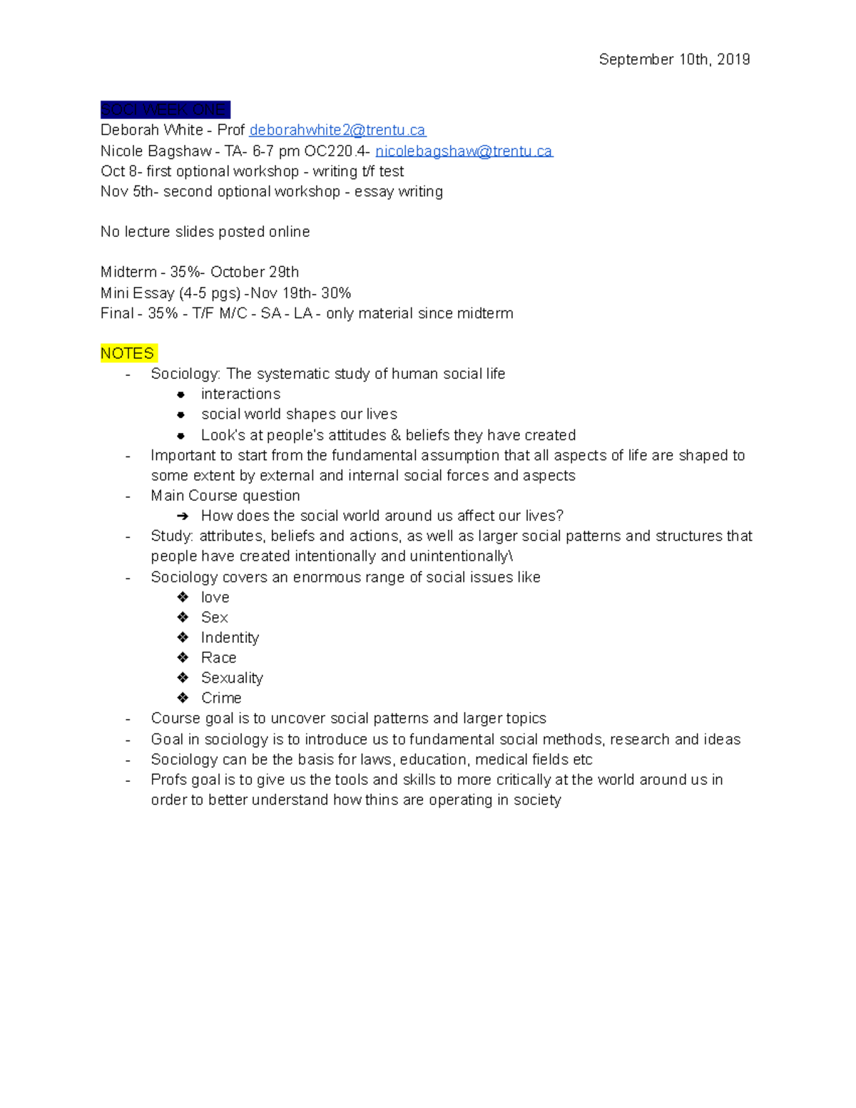 Soci 1001 Week One - Lecture notes 1 - September 10th, 2019 SOCI WEEK ...