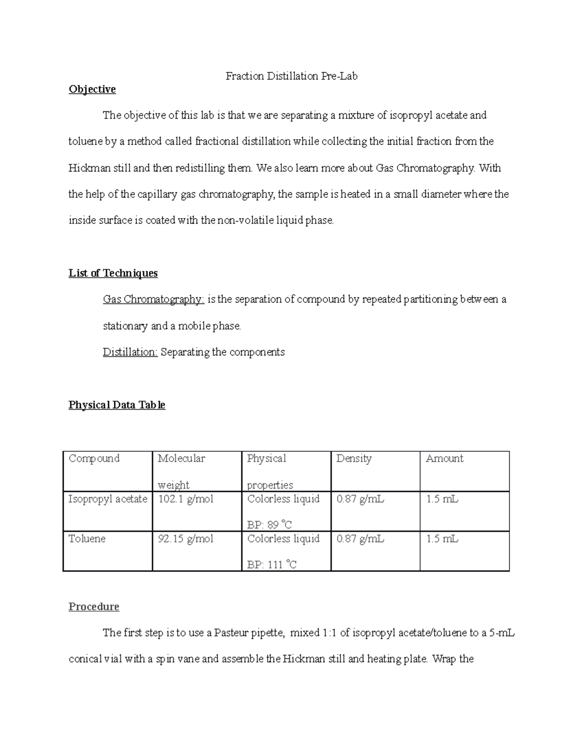 Lab 2 Pre lab ochem 2019 Fraction Distillation PreLab Objective The