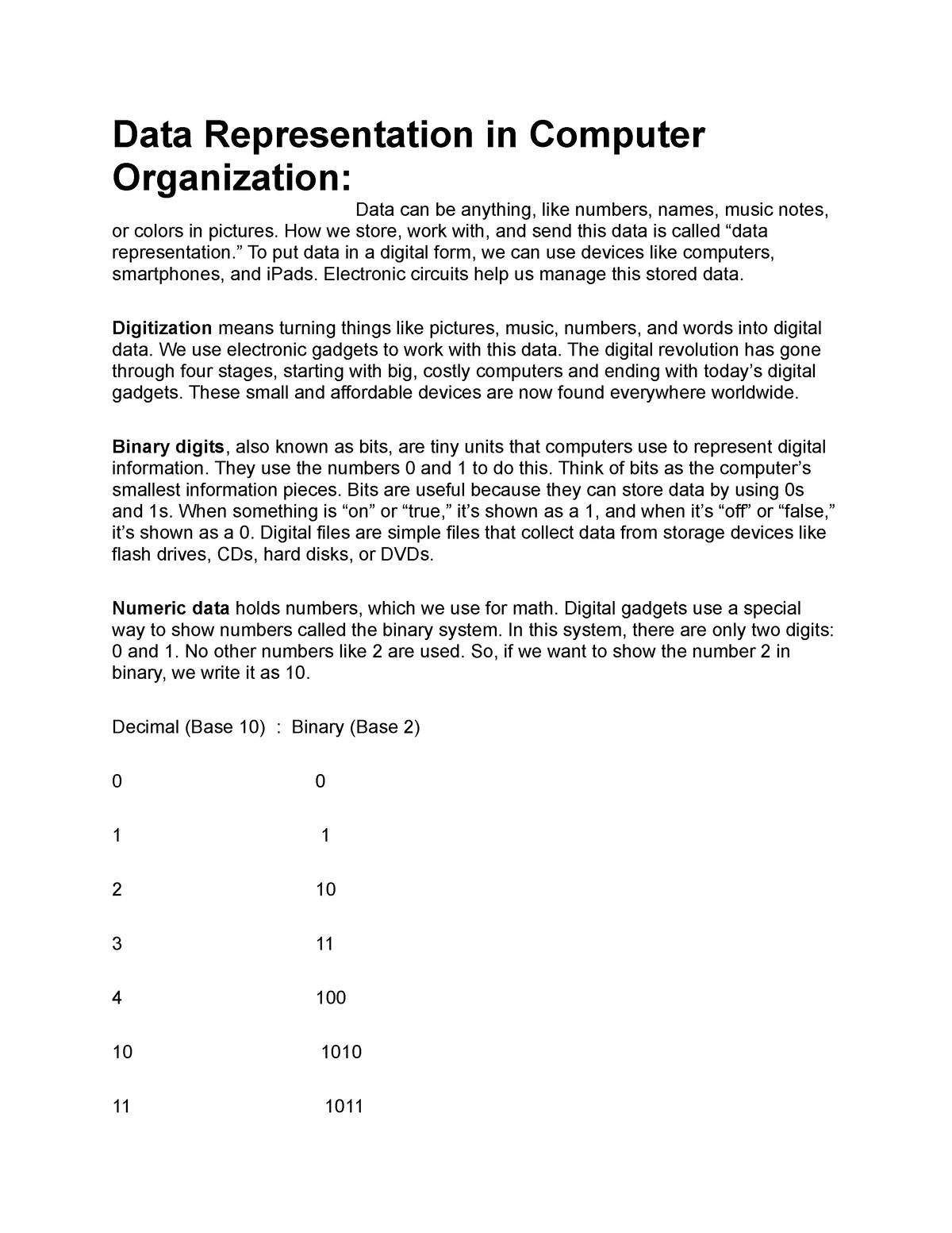 data representation in computer questions and answers