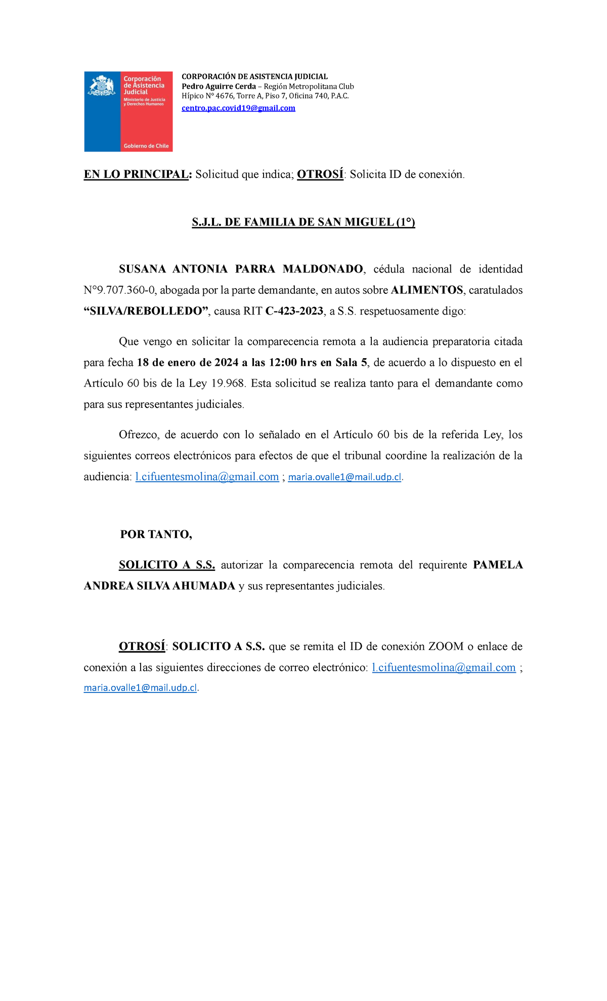 Comparencia remota - CORPORACIÓN DE ASISTENCIA JUDICIAL Pedro Aguirre ...