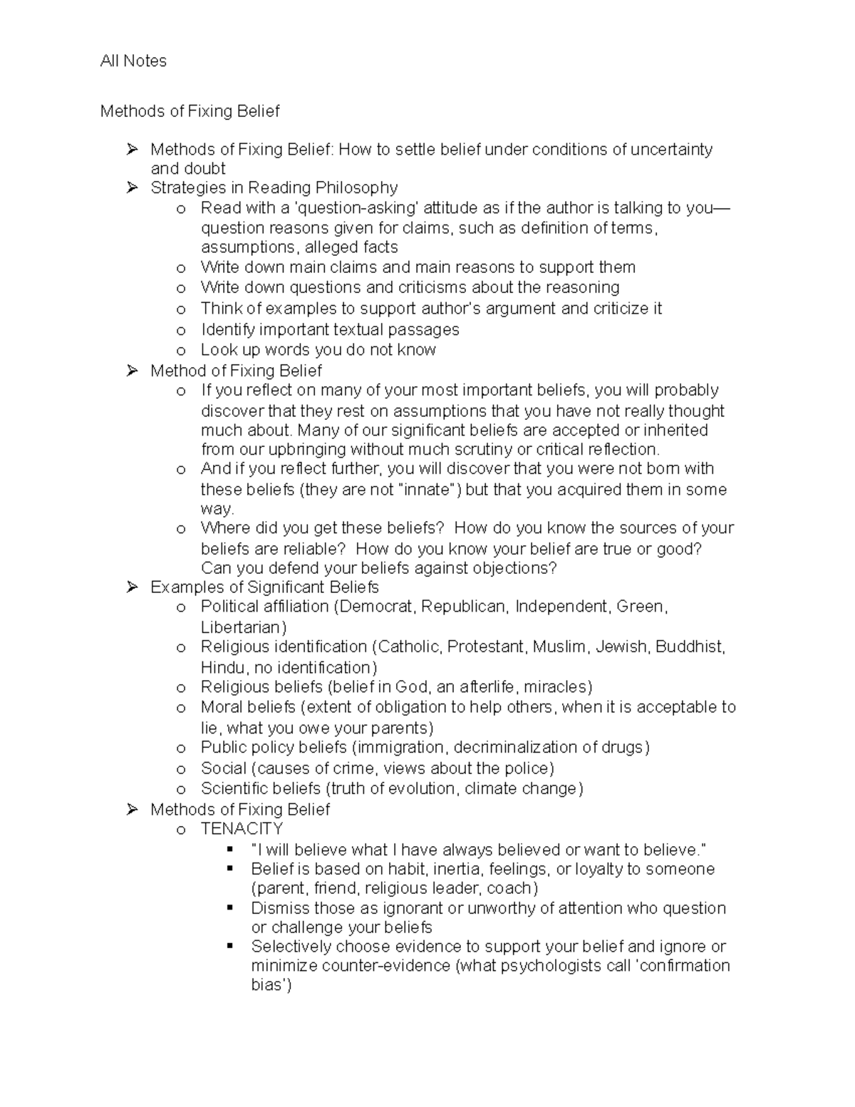 All Notes Summer III 2022 Methods of Fixing Belief Ø Methods of