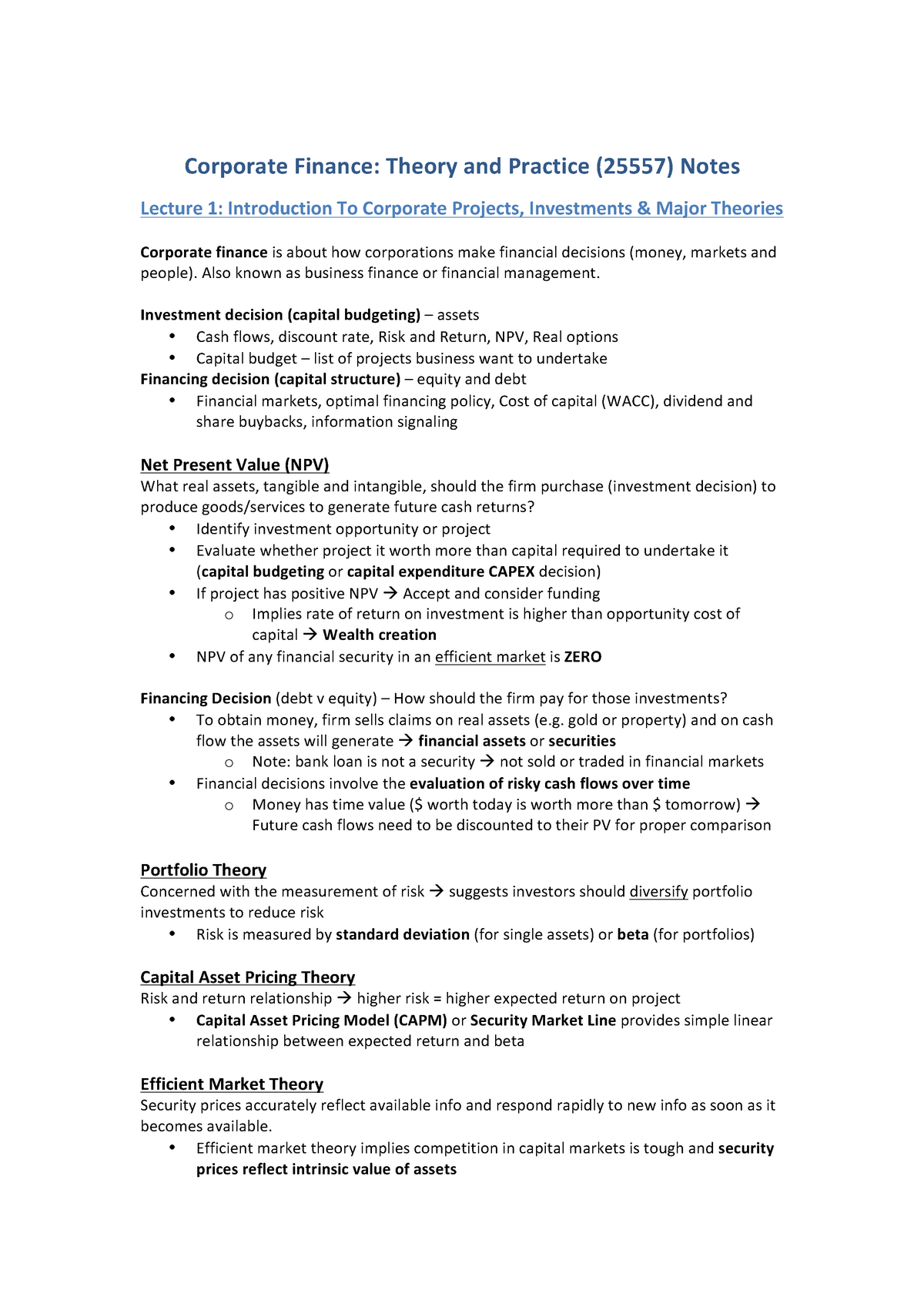 Corporate Finance Notes Financeviewer