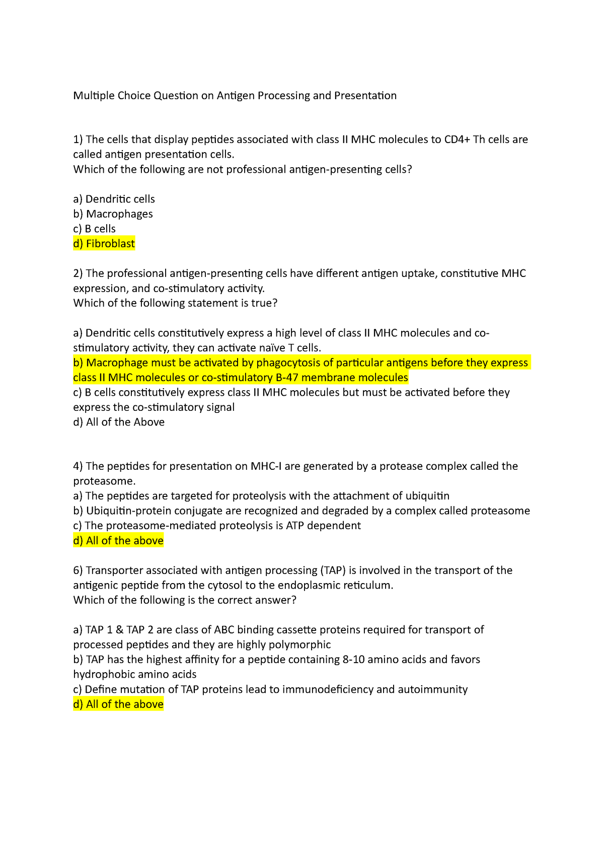 Mcqs Immunology Combined - Multiple Choice Question On Antigen ...