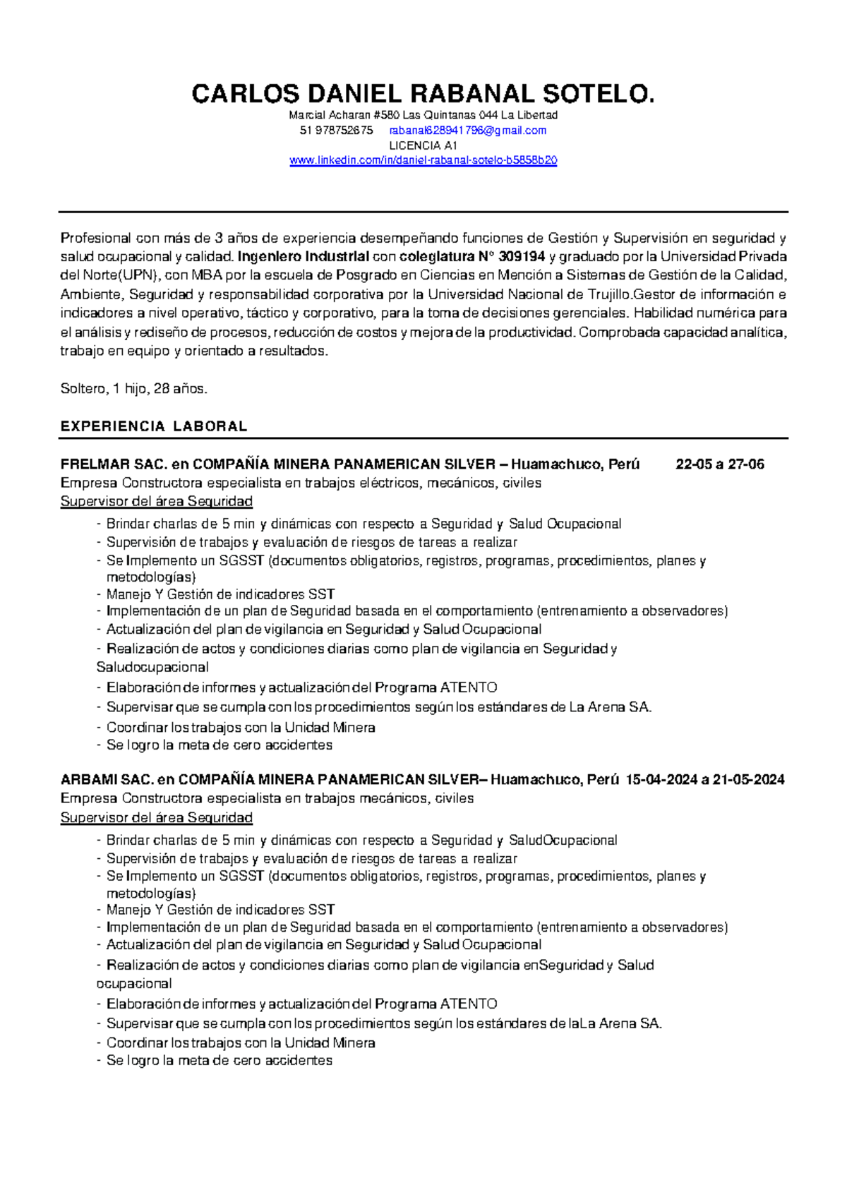 CV Daniel Rabanal Documentado - CARLOS DANIEL RABANAL SOTELO. Marcial ...