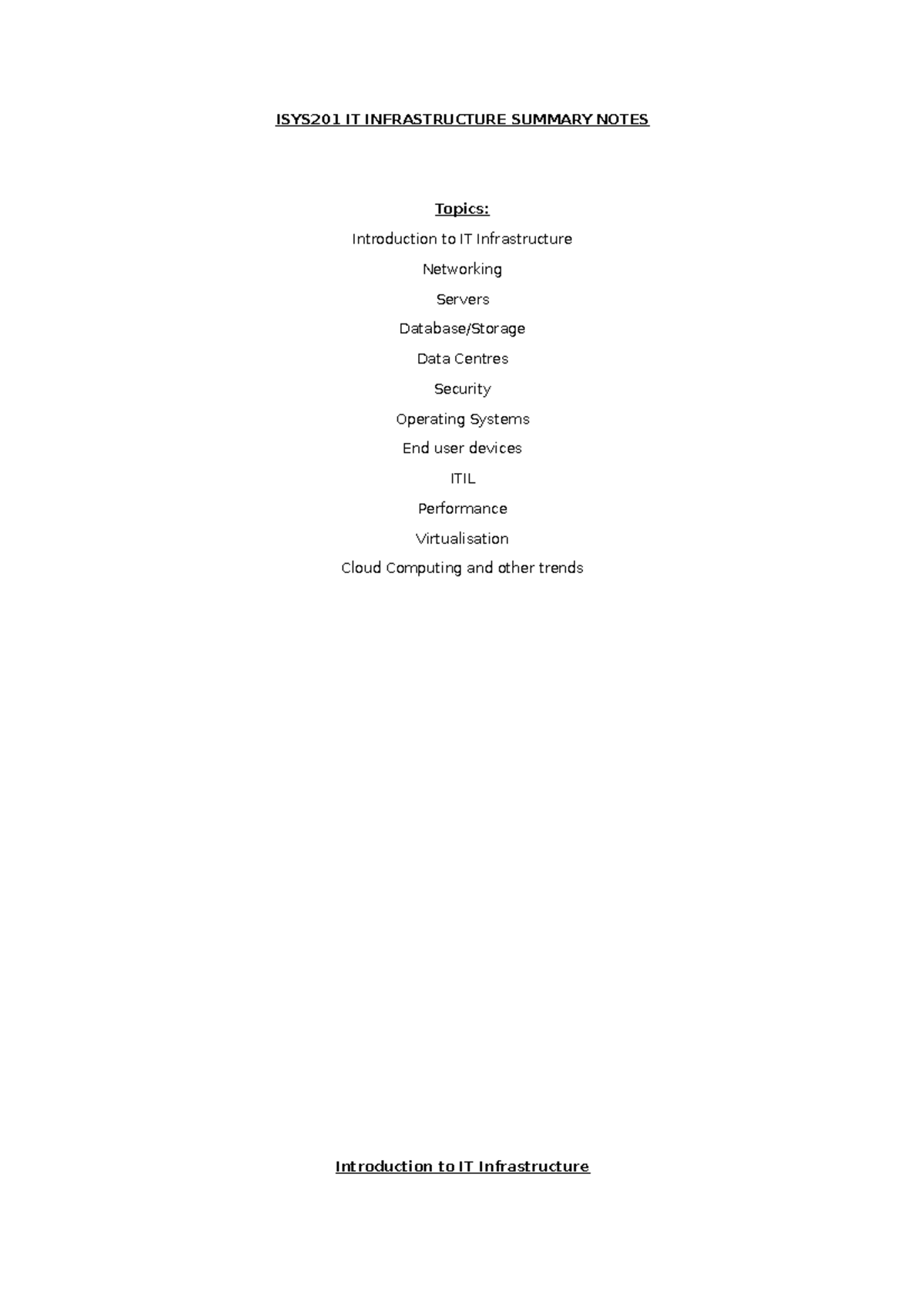 Summary - complete - IT infrastructure - ISYS201 IT INFRASTRUCTURE ...