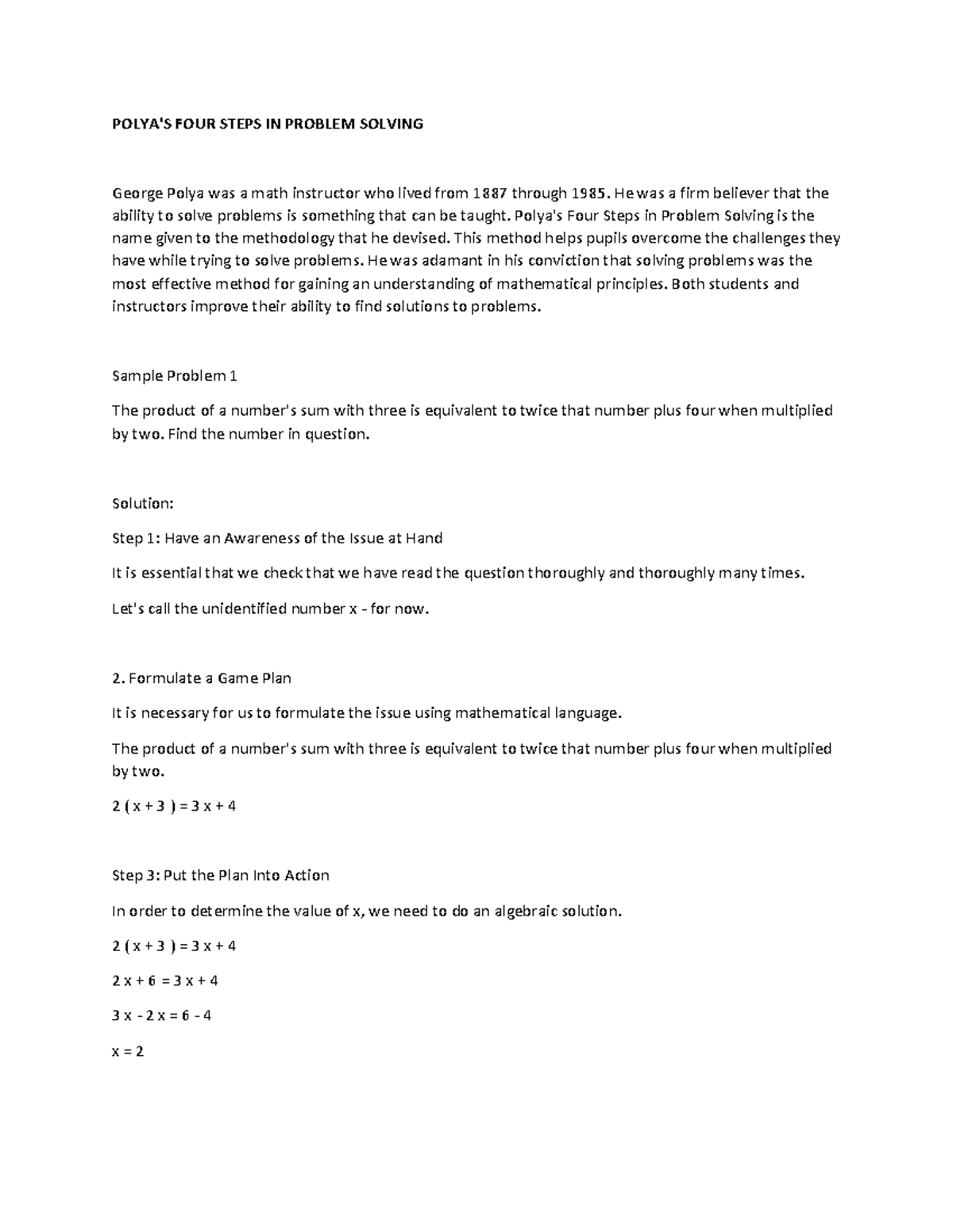 Polya'S FOUR Steps IN Problem Solving - POLYA'S FOUR STEPS IN PROBLEM ...